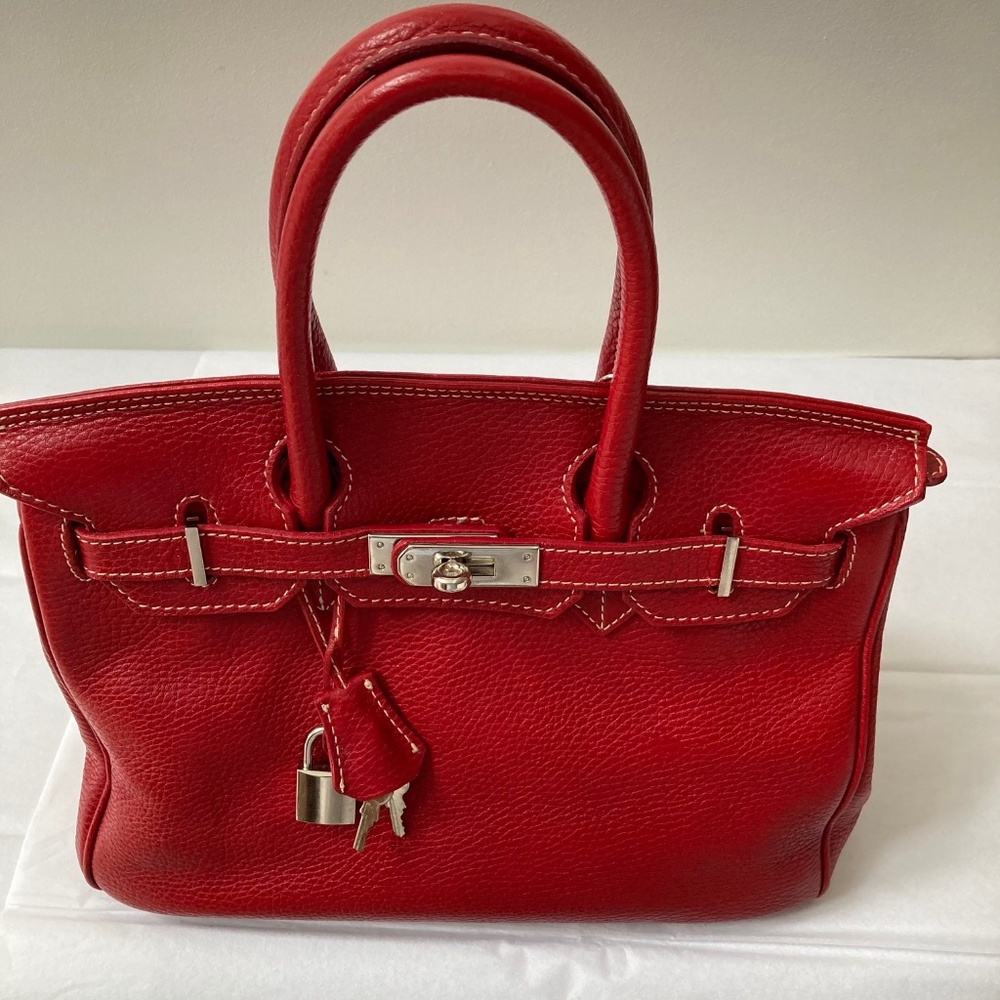 Structured Red Leather Top-Handle Satchel with Silver Hardware